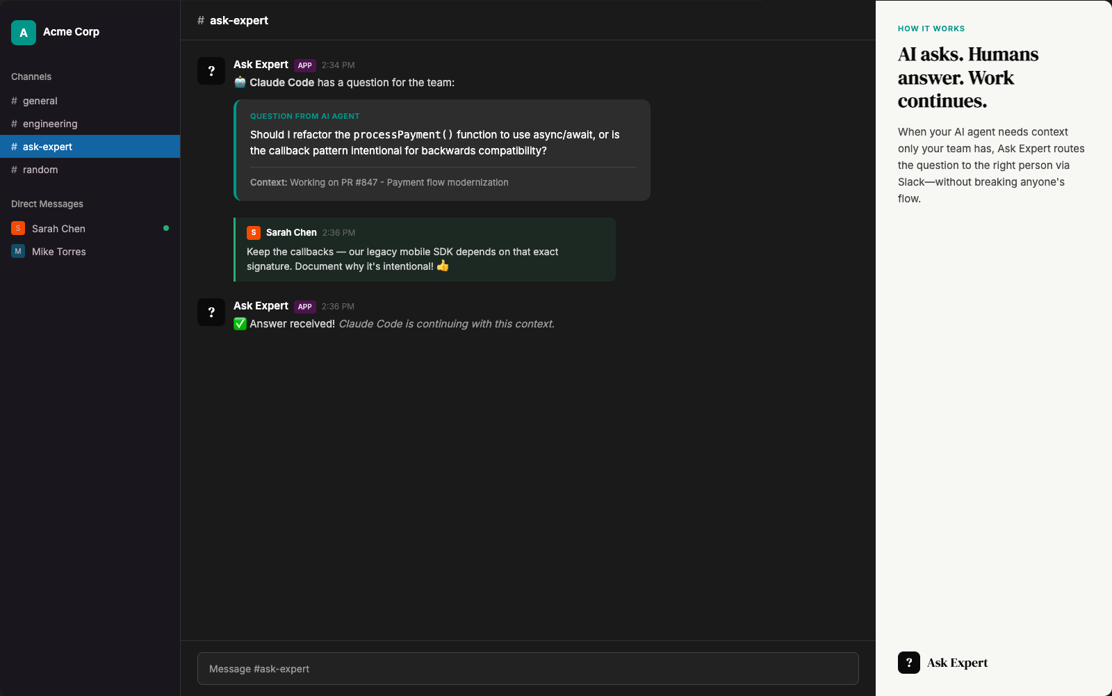 AI agent asking a question via Halyard in Slack, with an expert responding